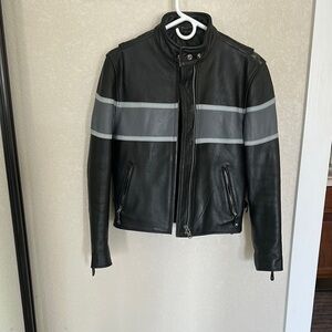Sleek Black and Gray Leather Motorcycle Jacket
